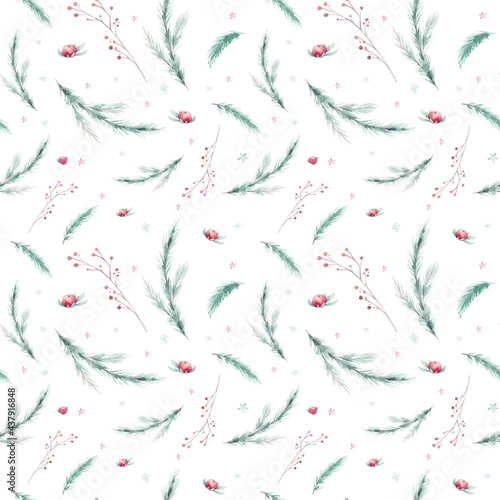 watercolor holiday christmas clipart seamless pattern. Winter decoration element. Merry christmas design. Pine tree branch, frame, berries. New year invitation decorative background design