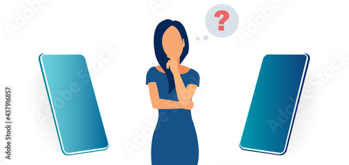 Vector of a woman is choosing between two smartphones.
