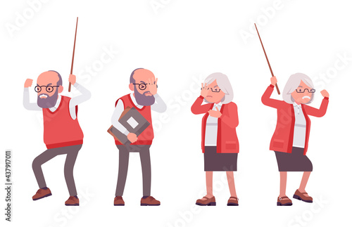 Old angry teacher in negative emotions, female, male senior professor, university, school, college tutor. Master, aged supervisor. Vector flat style cartoon illustration isolated, white background