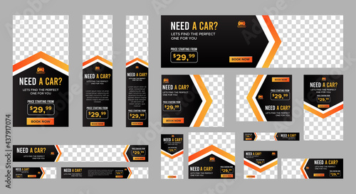 set of Rental Car web banners of standard size with a place for photos. Vertical, horizontal and square template. Vector EPS
