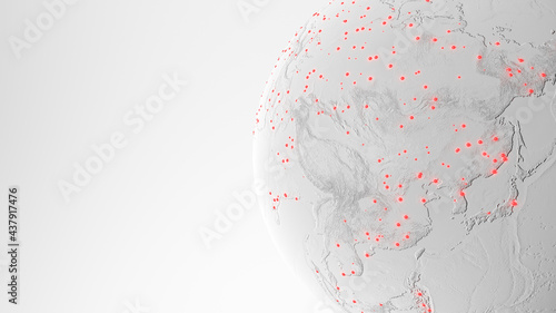 Asia with red dots all over surface. Asia with 3D relief. Signals of Covid cases on map. 3d render illustration. photo