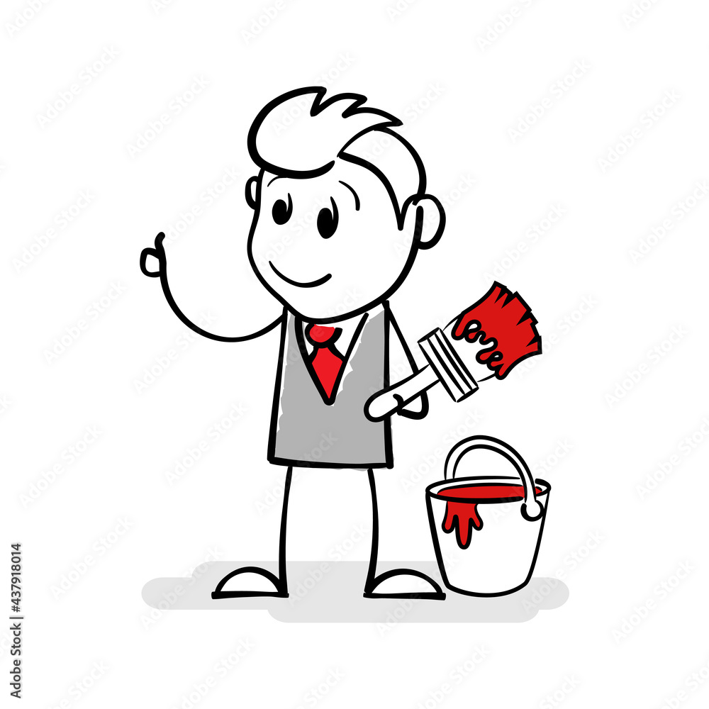 Cartoon stick figure drawing conceptual illustration of businessman artist holding brush in paint. Smiling stickman painter with brush and paint bucket is ready to get to work. He wants to creativity.