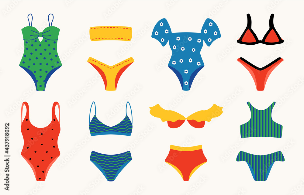 Cartoon swimsuit. Lingerie and bikini underwear doodle elements, beach ...