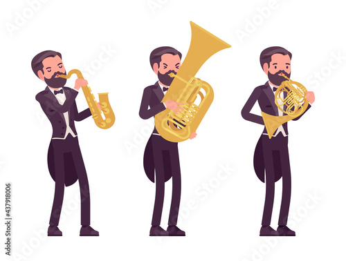 Musician, elegant tuxedo man playing professional wind instruments. Classical music event, concert, wedding party art performance. Vector flat style cartoon illustration isolated, white background