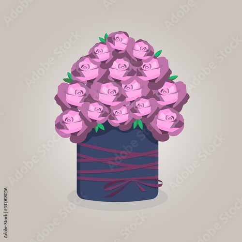 Beautiful flower box vector on a beige background. Purple roses in a box, bouquet for valentine's day, mother's day, birthday.