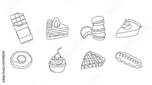 One line desserts. Continuous line sweets and bakery, pies cakes chocolate donut and cupcake, monoline sweet food concept. Vector set