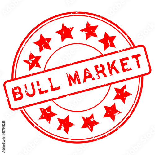 Grunge red bull market word with star icon round rubber seal stamp on white background