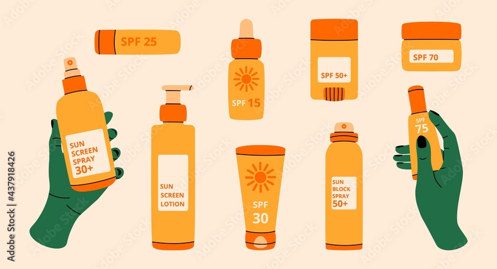 Sun spray. Cartoon SPF sun rays block lotion, beach sunblock beauty cosmetics, summer skin care lotion. Vector isolated collection Sun spray. Cartoon SPF sun rays block lotion, beach sunblock beauty cosmetics, summer skin care lotion. Vector isolated collection
