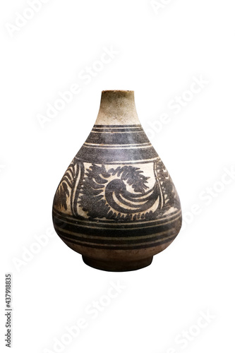 Ancient underglazed black vase isolated on white background with clipping path. Lanna style pottery.
