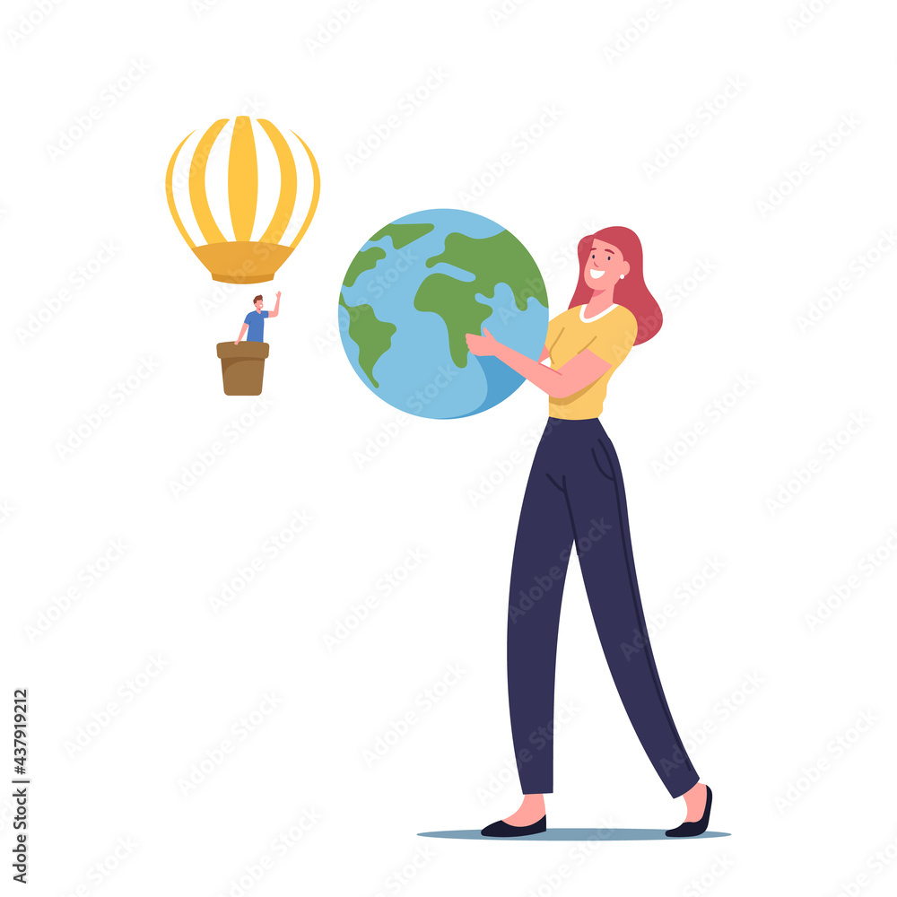 Female Character Holding Earth Globe in Hands, Man Flying on Air Balloon Isolated on White Background. Save the Planet Female Character Holding Earth Globe in Hands, Man Flying on Air Balloon Isolated on White Background. Save the Planet
