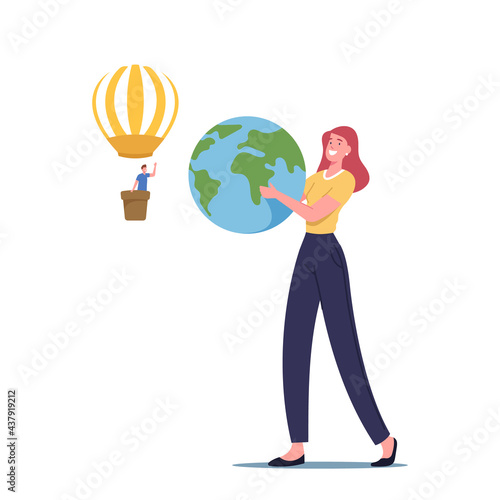 Female Character Holding Earth Globe in Hands, Man Flying on Air Balloon Isolated on White Background. Save the Planet