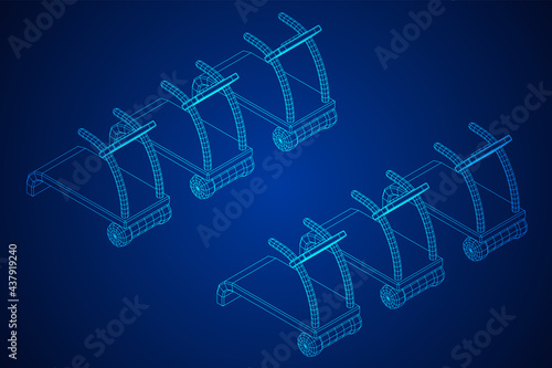Treadmill machine. Gym and fitness equipment. Wireframe low poly mesh vector illustration.