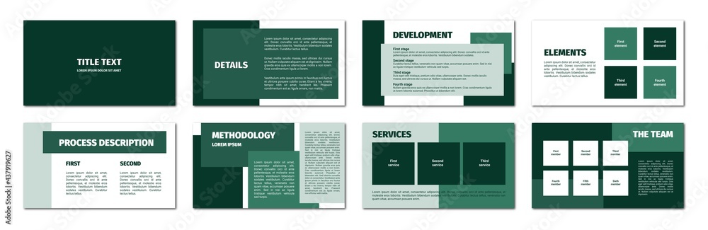 Green rectangles presentation template. Flat design, white background. 8 slides. Title, detail, development, element, process description, methodology, services, team. Green rectangles presentation template. Flat design, white background. 8 slides. Title, detail, development, element, process description, methodology, services, team.