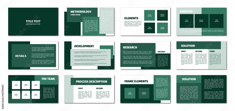 Green rectangles presentation template. Flat design, white background. 12 slides. Title, methodology, element, service, detail, development, research, solution, team, process description. Green rectangles presentation template. Flat design, white background. 12 slides. Title, methodology, element, service, detail, development, research, solution, team, process description.
