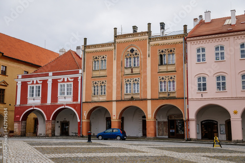 Historical center, town main Wallenstein square with colorful renaissance and baroque buildings, arcades, ground floor arches, Bohemian Paradise or Cesky Raj, Jicin, Czech Republic
