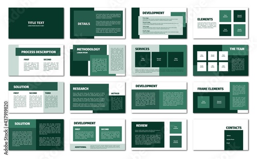 Green rectangles presentation template. Flat design, 16 slides. Title, detail, development, element, process description, methodology, service, team, solution.