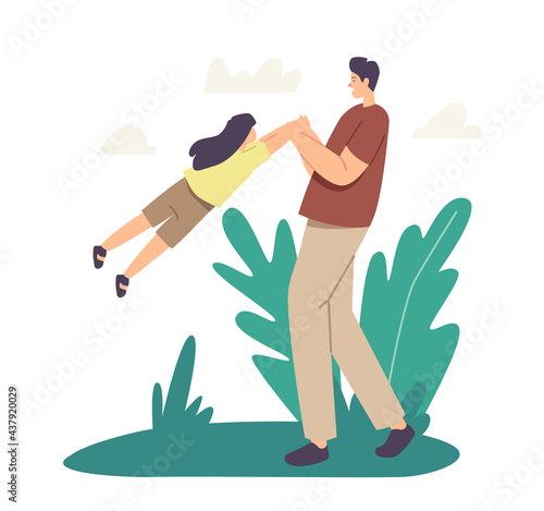Dad Playing with Child in Park. Outdoor Fun, Weekend Leisure, Game, Parenthood or Childhood Concept. Happy Family