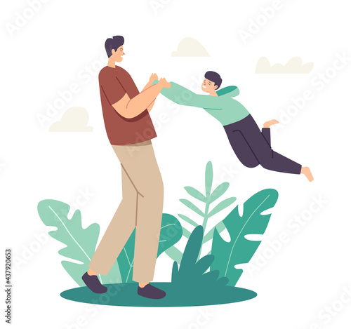 Parenthood or Childhood. Happy Dad Character Whirling and Spinning Son Around Up in Air, Father Playing with Child