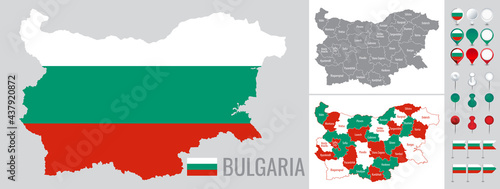 Bulgaria vector map with flag, globe and icons on white background
