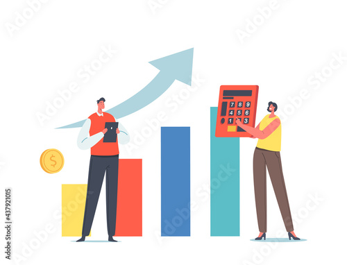 DeFi, Decentralized Finance, Investment Growth Concept. Tiny Businesspeople Characters with Calculator and Tablet Pc