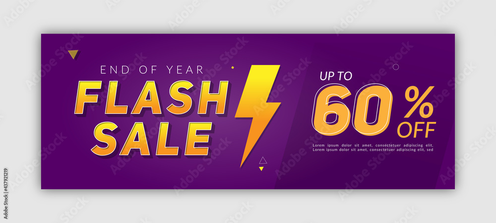 Fototapeta premium Business Facebook cover, page timeline, web ad banner template for year flash sale. Purple background and yellow, orange shape and 3d text