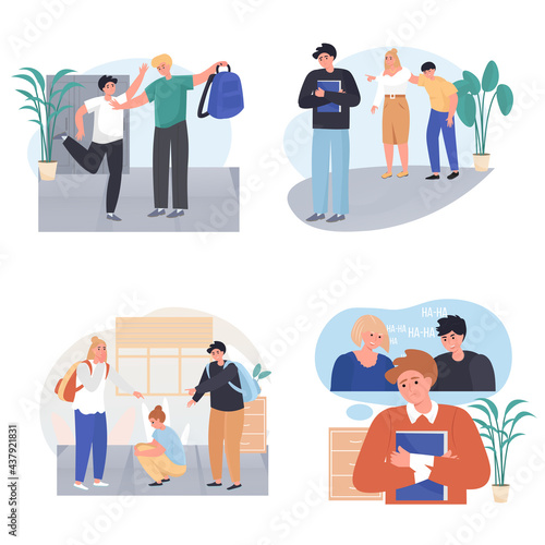 Bullying at school concept scenes set. Classmates taunting boy or girl, mocking children. Conflicts between teenagers. Collection of people activities. Vector illustration of characters in flat design