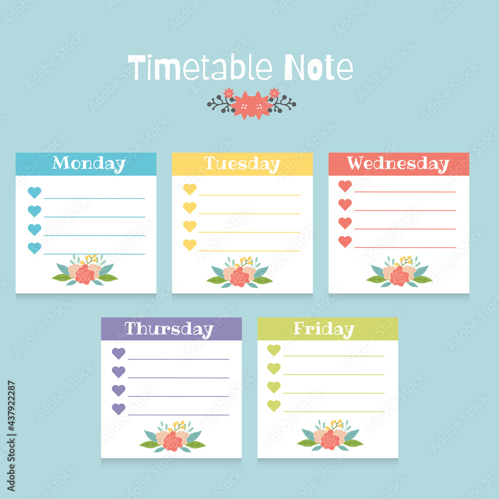 School timetable notes. Stationary set .Printable planner stickers. Template for your message. Decorative planning element. Vector illustration.