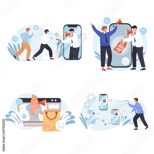 Different types of marketing concept scenes set. Referral system, discount offers, targeted ad, online promotion. Collection of people activities. Vector illustration of characters in flat design