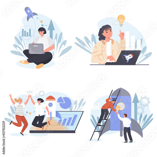 Startup concept scenes set. Men and women launch new business project, successful development strategy, teamwork. Collection of people activities. Vector illustration of characters in flat design