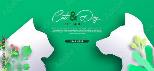 Cat and dog green paper cut web template banner