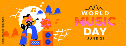 World Music Day banner fun girl playing guitar