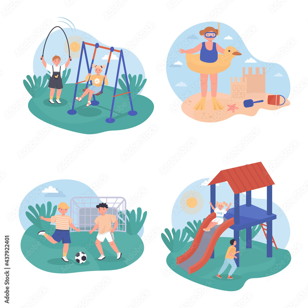 Obraz premium Children play concept scenes set. Boys and girls ride swing or slide, jump rope, play football, resting at sea beach. Collection of people activities. Vector illustration of characters in flat design