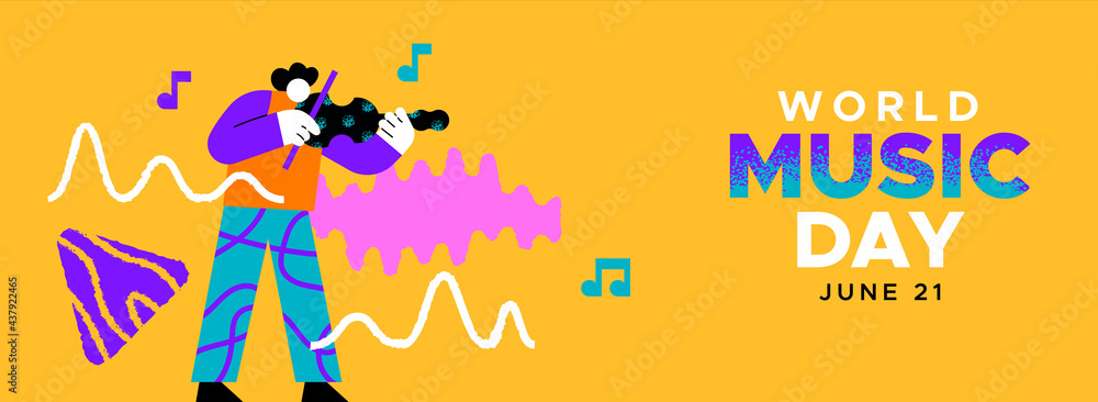 Music Day banner funny musical man playing violin