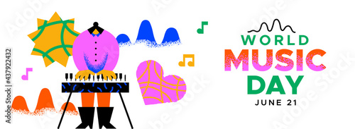 Music day banner trendy musical girl playing piano