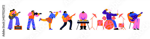 Diverse young people playing music instrument set