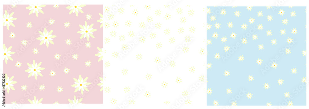 Vector Set of seamless patterns with simple chamomile flowers on a pastel background. Floral retro print. Stock illustration.