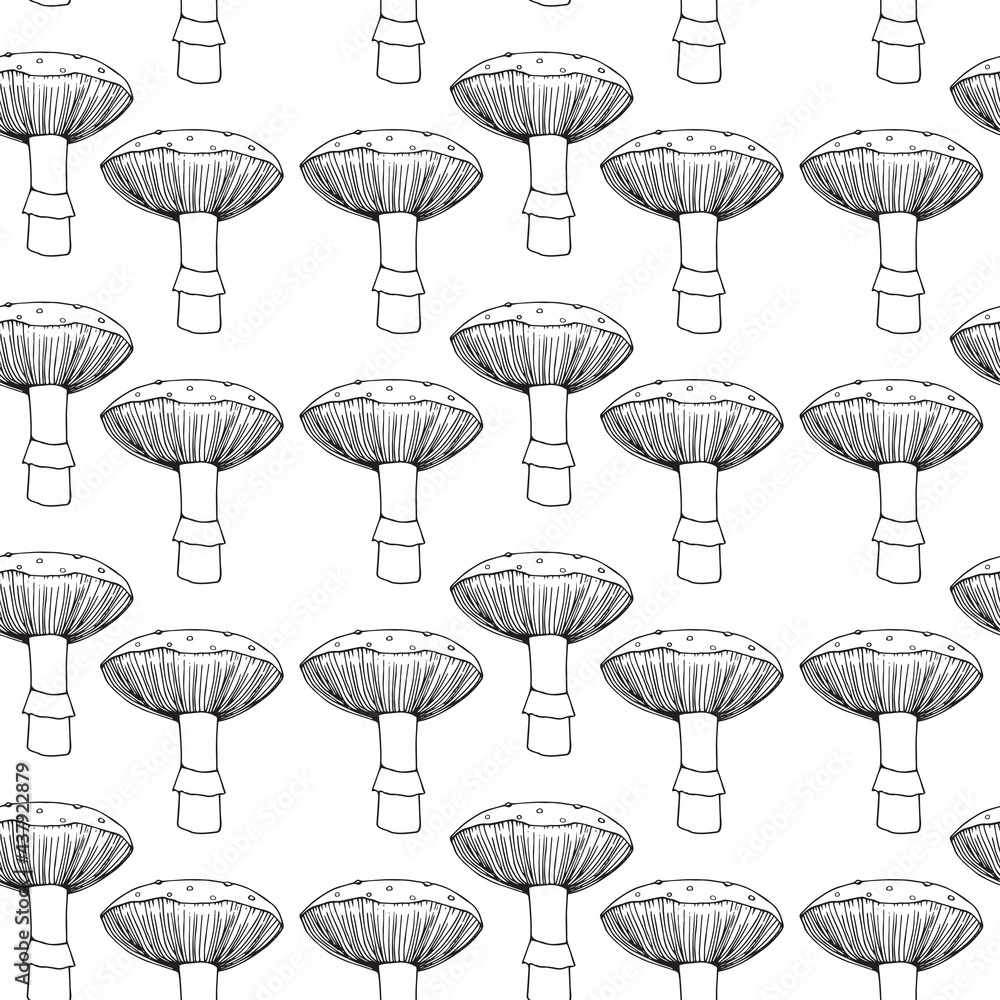 Seamless pattern. Vector illustration. Doodle drawing of mushrooms - fly agaric.