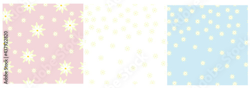 Vector Set of seamless patterns with simple chamomile flowers on a pastel background. Floral retro print. Stock illustration.