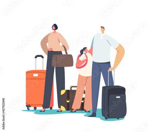 Tourists Family with Child Holding Suit Cases. People Traveling Abroad on Vacation, Legal Immigration, Migration