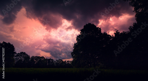 Dramatischer Horror Himmel mit Silhouette des Waldes im Vordergrund als Regentanz im Schlosspark in Essen Borbeck an einer Lichtung