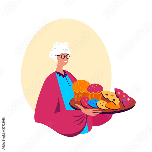 Grandmother Old Pensioner Lady Prepare Xmas bakery cakes for Christmas Eve, Noel and Happy New Year Glittering Garland Festive Congratulation. Family cosy atmosphere picture Greeting Card. Flat vector