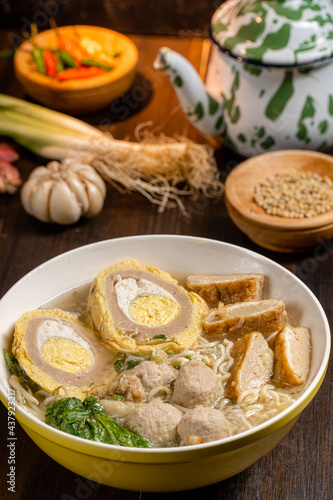 Bakso or baso is an Indonesian meatball, Its texture is similar to the Chinese beef ball, fish ball, or pork ball. The word bakso refer the complete dish of beef broth soup, noodle, tofu and bok choy.