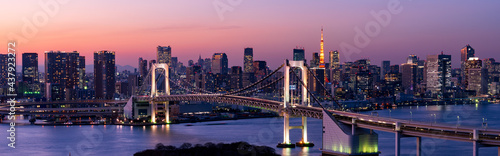 Fototapeta Naklejka Na Ścianę i Meble -  Wide panorama image of Tokyo cityscape at dusk with Rainbow bridge and Tokyo tower.