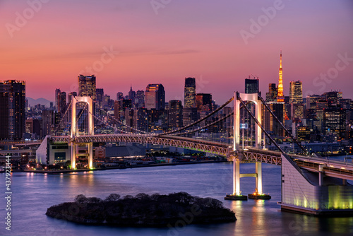 Tokyo city view with Rainbow bridge at dusk