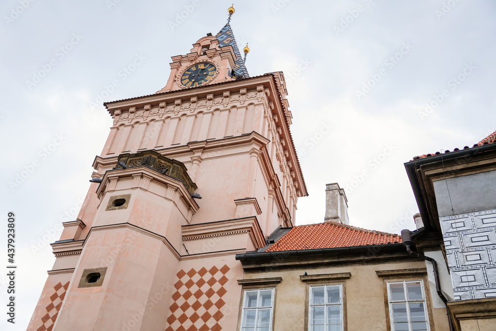 Gothic Castle Brandys nad Labem, Renaissance palace view from garden, clock tower, chateau park, sgraffito mural decorated plaster at facade, wall decor, Central Bohemian, Czech Republic