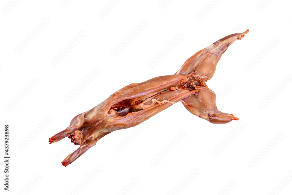 Whole carcass of raw rabbit isolated on a white background. Dietary food Whole carcass of raw rabbit isolated on a white background. Dietary food