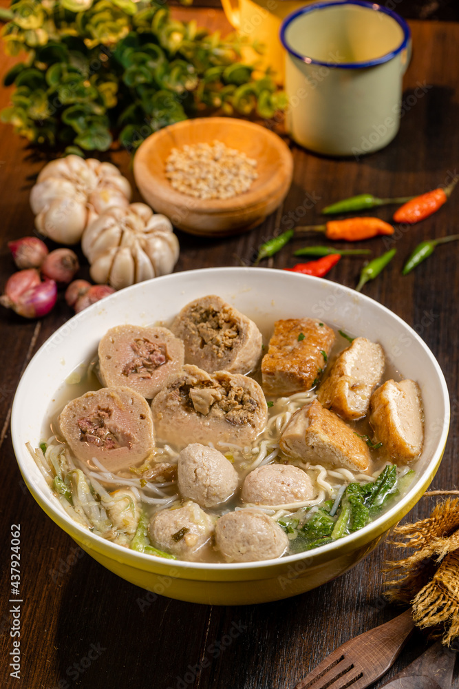 Bakso or baso is an Indonesian meatball, Its texture is similar to the Chinese beef ball, fish ball, or pork ball. The word bakso refer the complete dish of beef broth soup, noodle, tofu and bok choy. Bakso or baso is an Indonesian meatball, Its texture is similar to the Chinese beef ball, fish ball, or pork ball. The word bakso refer the complete dish of beef broth soup, noodle, tofu and bok choy.