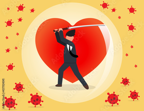 Businessman protect against viruses with sword. Concept protect yourself from COVID-19