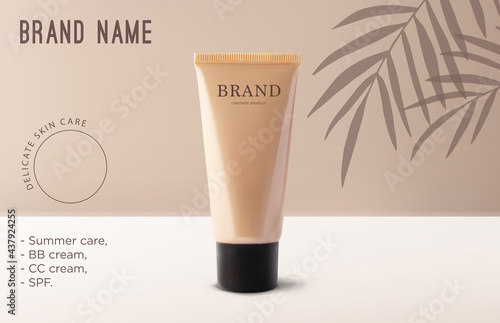 Mockup realistic 3d tube makeup foundation cream on beige background with tropical coconut palm tree leaves shadow. Template beauty cosmetic product, branding and packaging presentation vector design