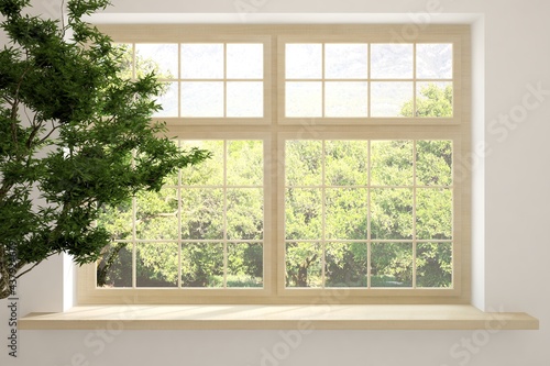 Summer window view with green tree inside the room. Scandinavian interior design. 3D illustration